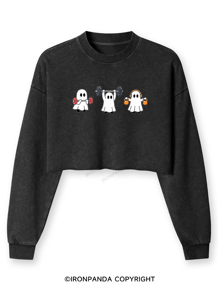 GHOST LIFTING WEIGHTS BARBELL GYM LOVERS Washed Long-Sleeve Crop Top