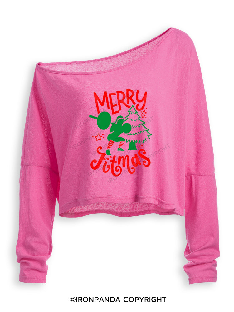 MERRY FITMAS FUNNY STRONG CHRISTMAS Off Shoulder Long Sleeve Crop Top