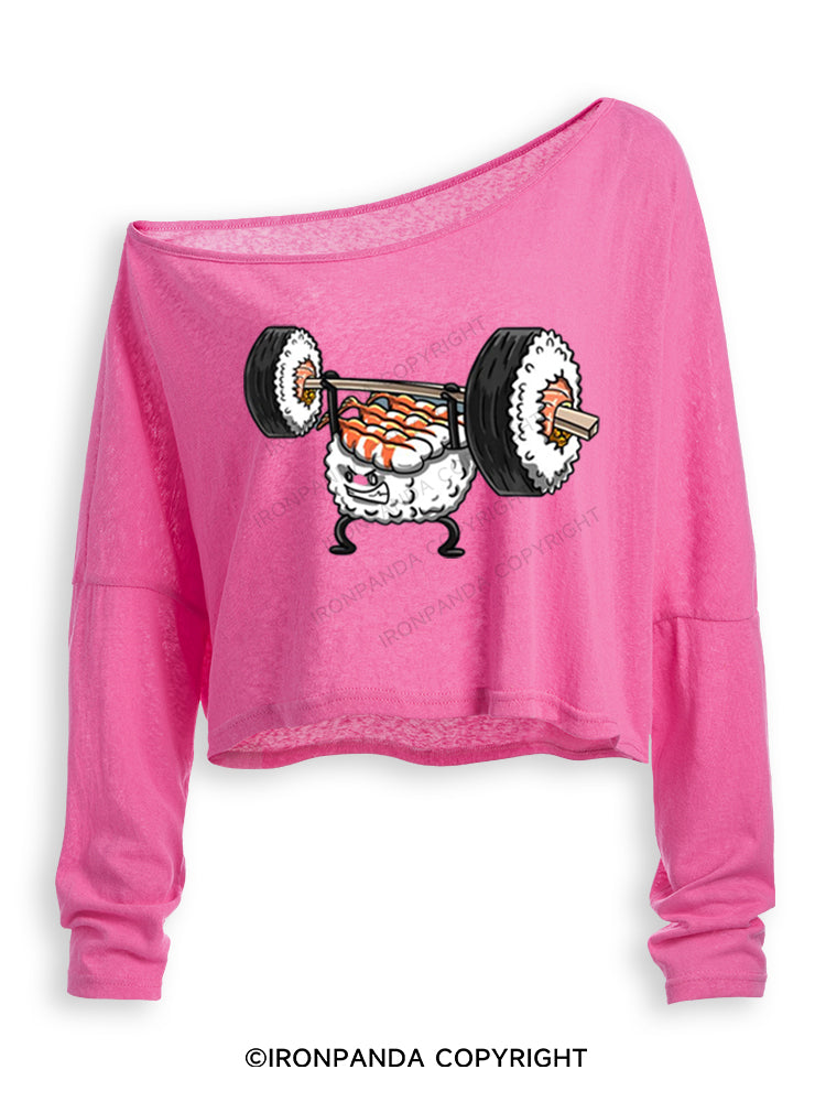 Weightlifting Sushi Funny Off Shoulder Long Sleeve Crop Top