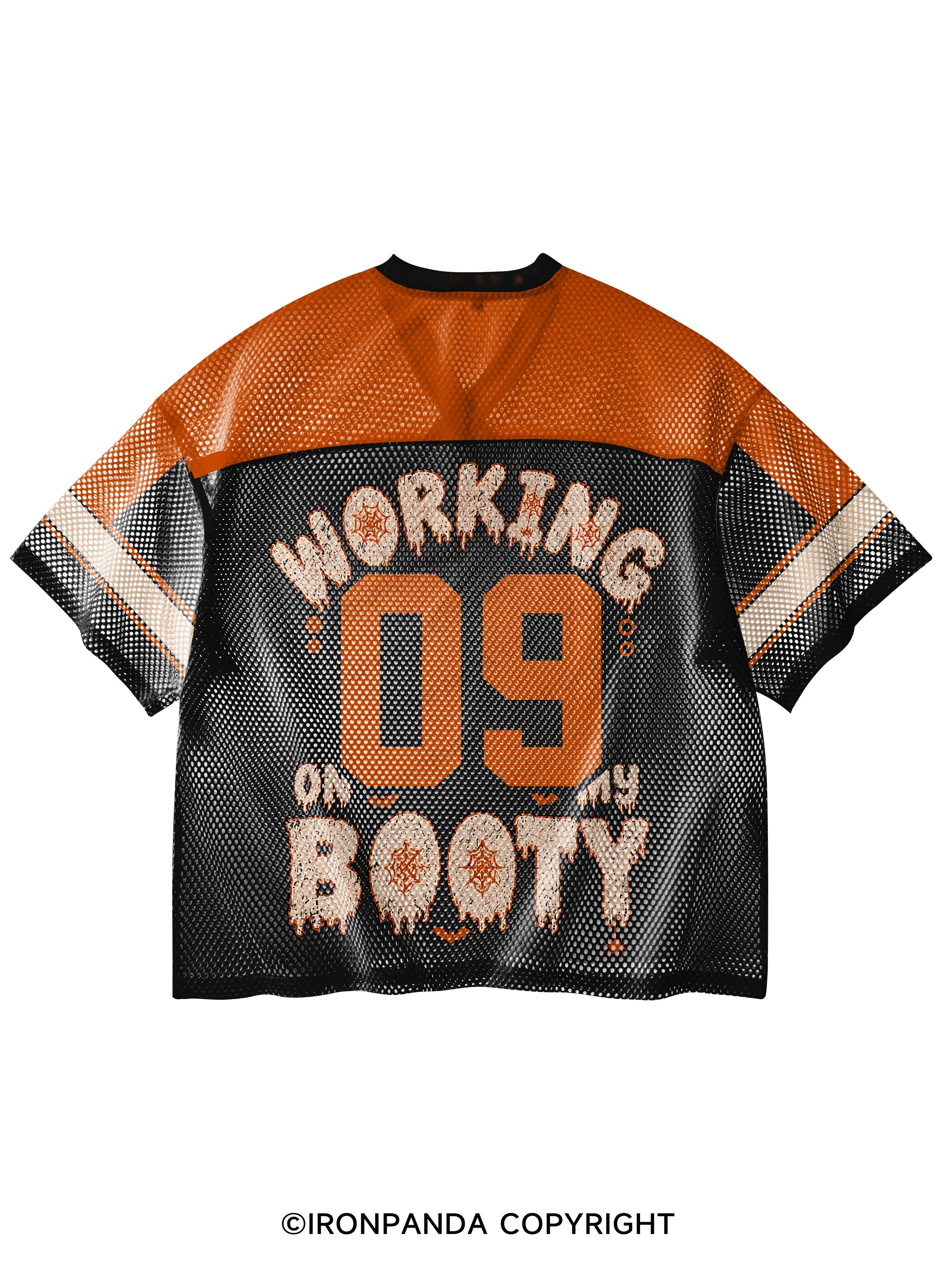 WORKING ON MY BOOTY FUNNY HALLOWEEN PUMPKIN V-Neck Open Hole Mesh Top