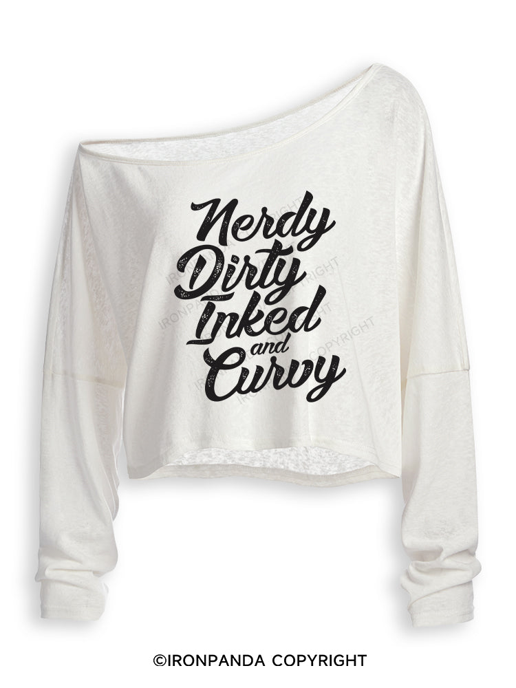 NERDY DIRTY INKED AND CURVY Off Shoulder Long Sleeve Crop Top