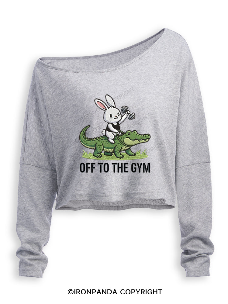 OFF TO THE GYM BUNNY RIDING AN ALLIGATOR Off Shoulder Long Sleeve Crop Top
