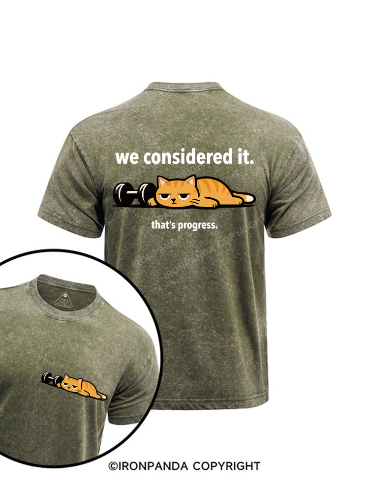 We Considered It That's Progress Lazy Cat Dumbbell Printed Washed Gym Shirt