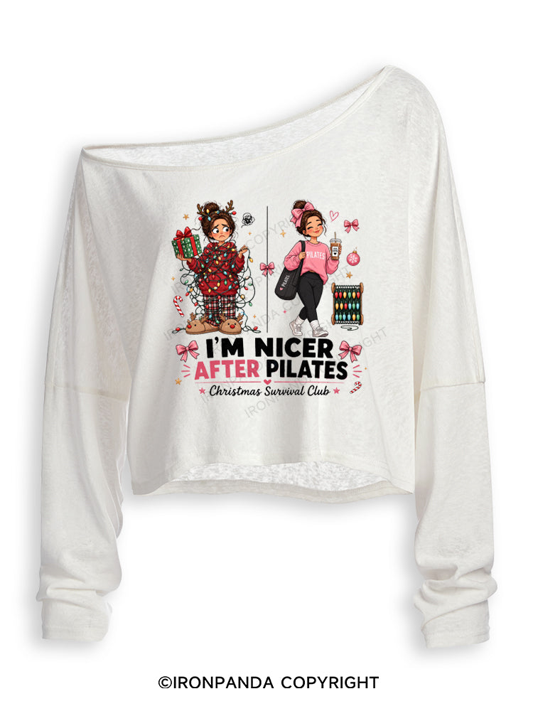 I'M NICER AFTER PILATES CHRISTMAS SURVIVAL CLUB Off Shoulder Long Sleeve Crop Top