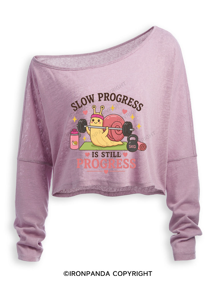LOW PROGRESS IS STILL PROGRESS CUTE GYM SNAIL Off Shoulder Long Sleeve Crop Top
