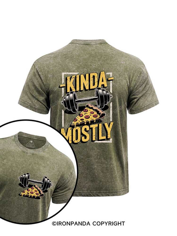 Kinda Fit Mostly Fat Pizza Printed Washed Gym Shirt