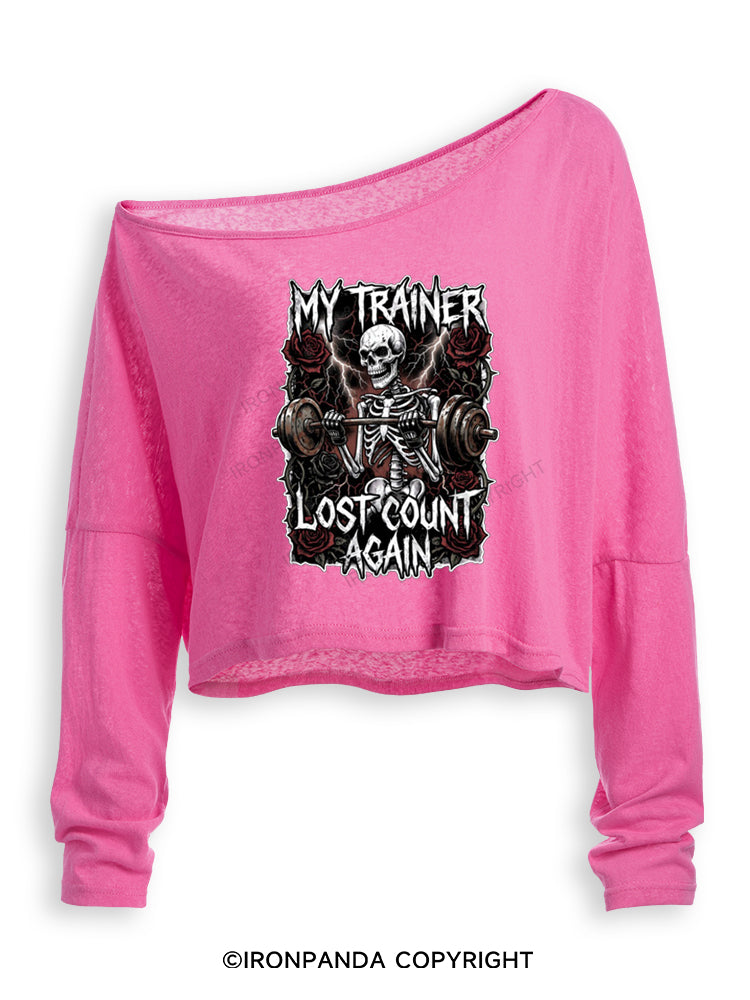 MY TRAINER LOST COUNT AGAIN SKELETON Off Shoulder Long Sleeve Crop Top