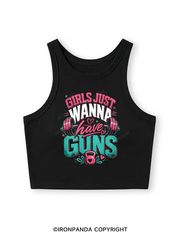 GIRLS JUST WANNA HAVE GUNS WORKOUT Fitted Crop Tank Top