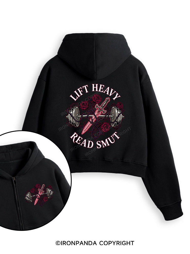LIFT HEAVY READ SMUT Fleece Crop Zip Up Hoodie