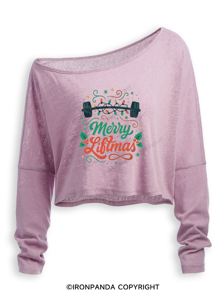 MERRY LIFTMAS STRONG CHRISTMAS Off Shoulder Long Sleeve Crop Top