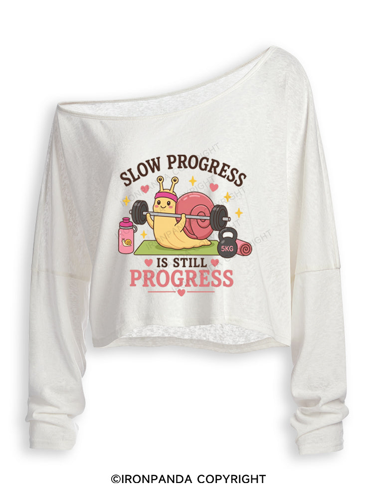 LOW PROGRESS IS STILL PROGRESS CUTE GYM SNAIL Off Shoulder Long Sleeve Crop Top
