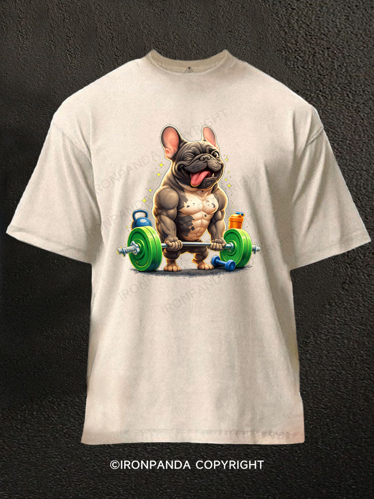 Funny French Bulldog Bodybuilding Washed Gym Shirt