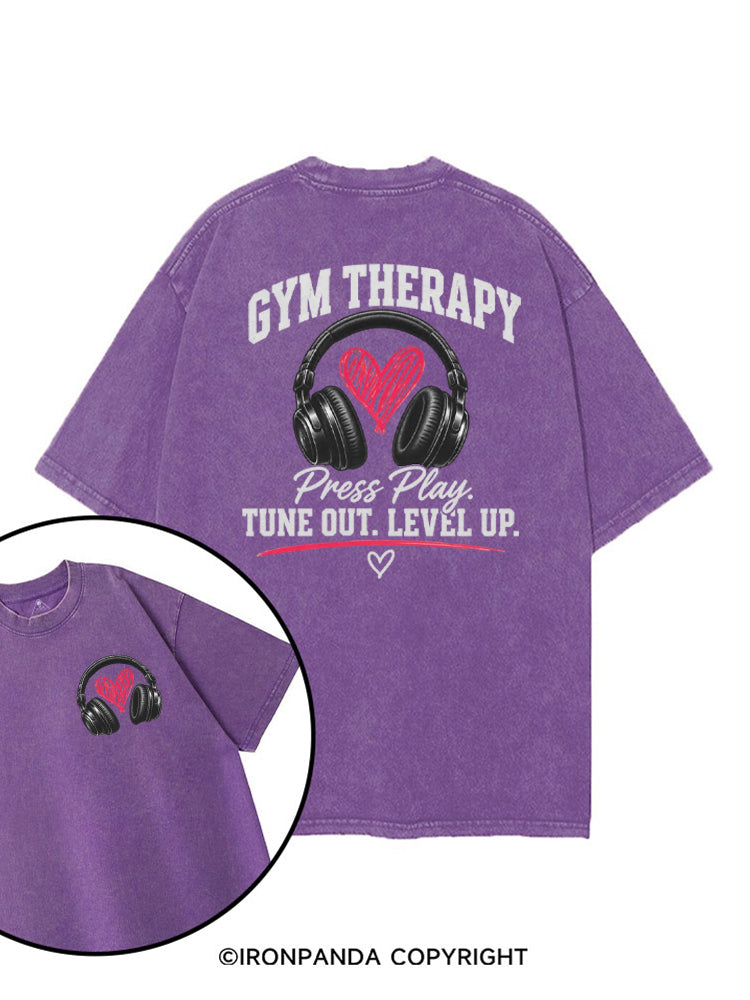 GYM THERAPY Press Play TUNE OUT LEVEL UP printed Gym Shirt
