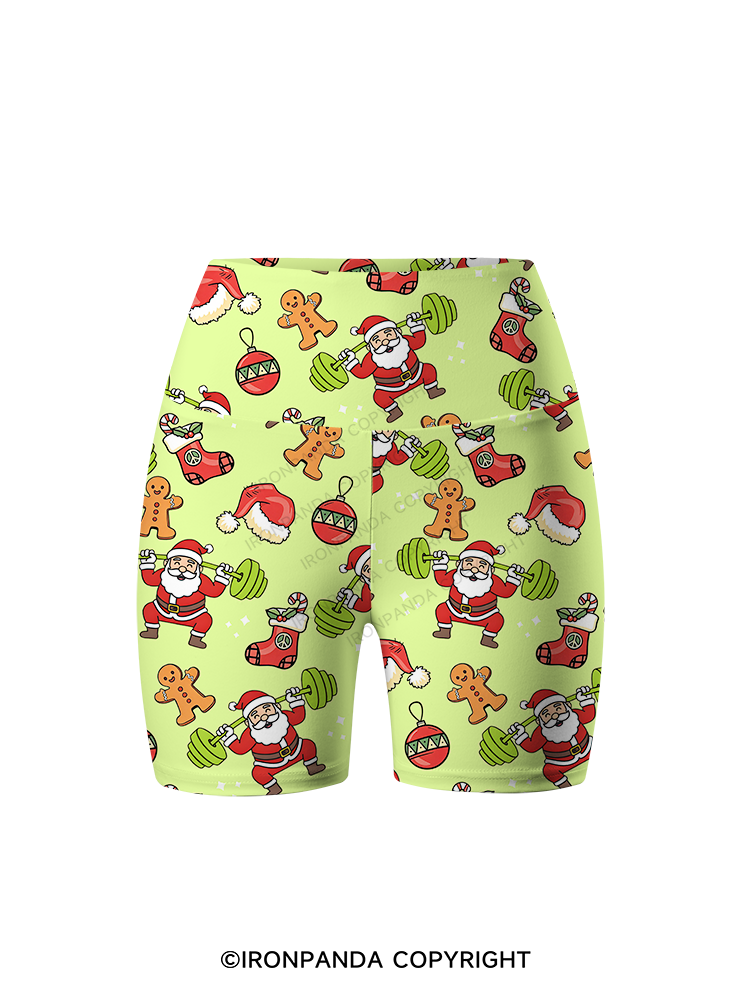 Santa Lifting Weights Skip Legs Printed Yoga Cycling Shorts