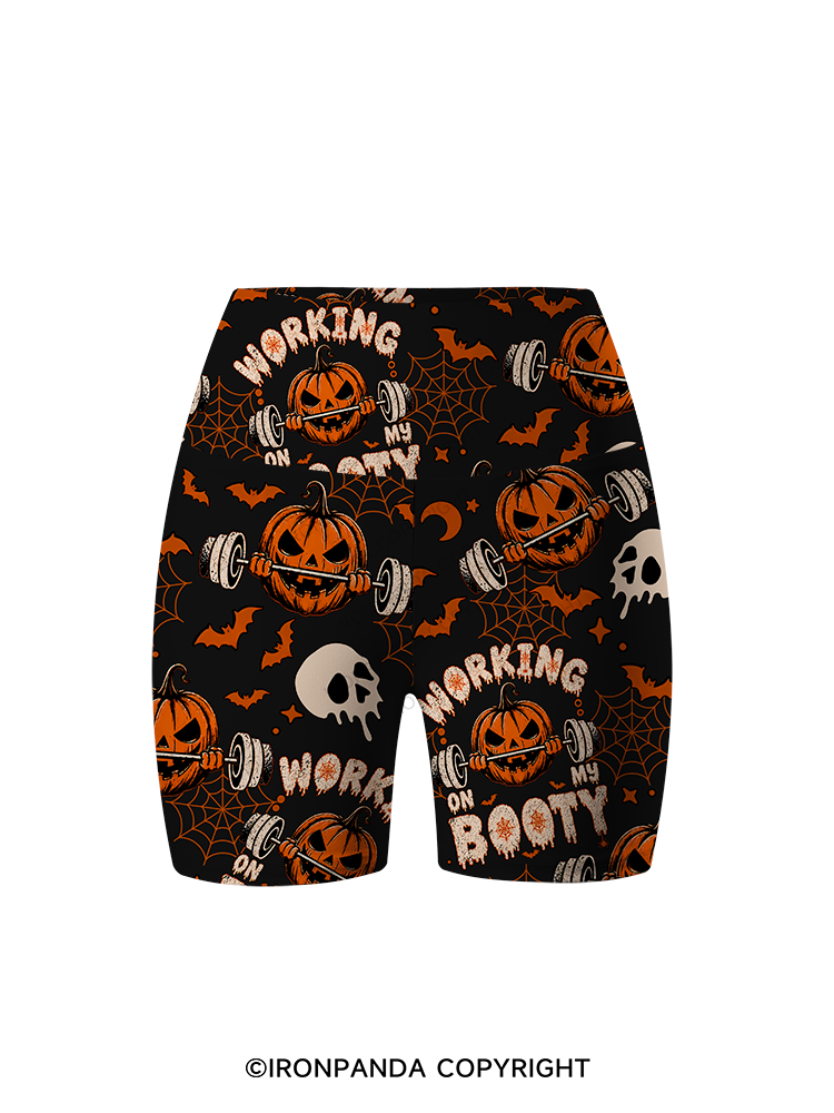 WORKING ON MY BOOTY FUNNY HALLOWEEN PUMPKIN Printed Yoga Cycling Shorts