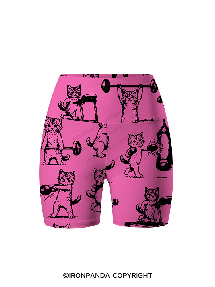 Fitness Kittens Who Love Lifting Weights Printed Yoga Cycling Shorts