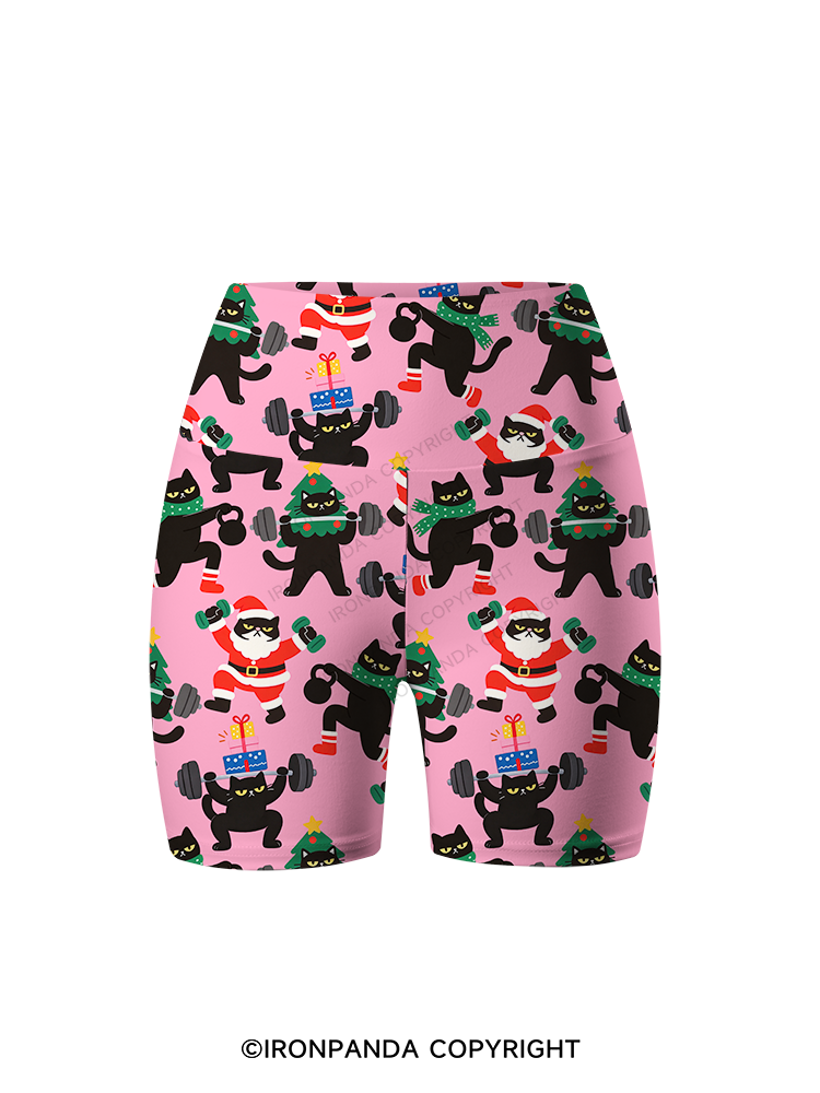 WEIGHTLIFTING BLACK CAT CHRISTMAS WORKOUT Printed Yoga Cycling Shorts