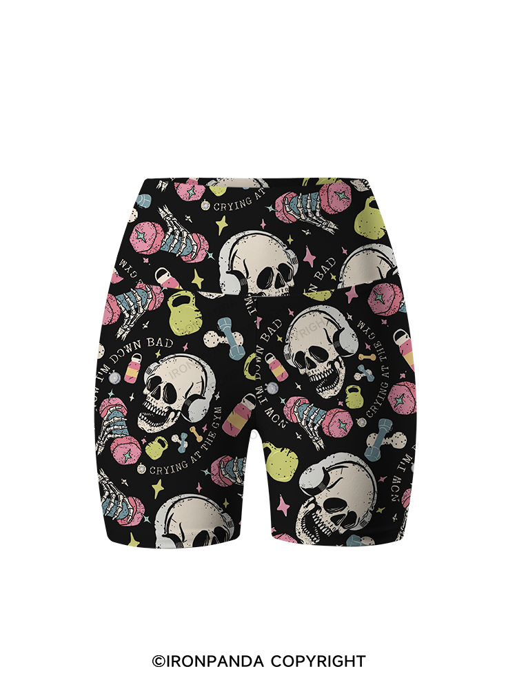 NOW I’M DOWN BAD CRYING AT THE GYM SKULL Printed Yoga Cycling Shorts