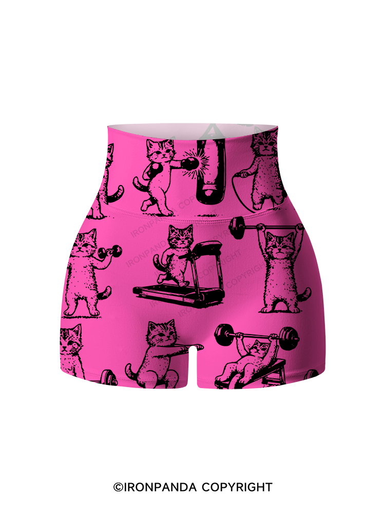 Fitness Kittens Who Love Lifting Weights Printed Yoga Shorts