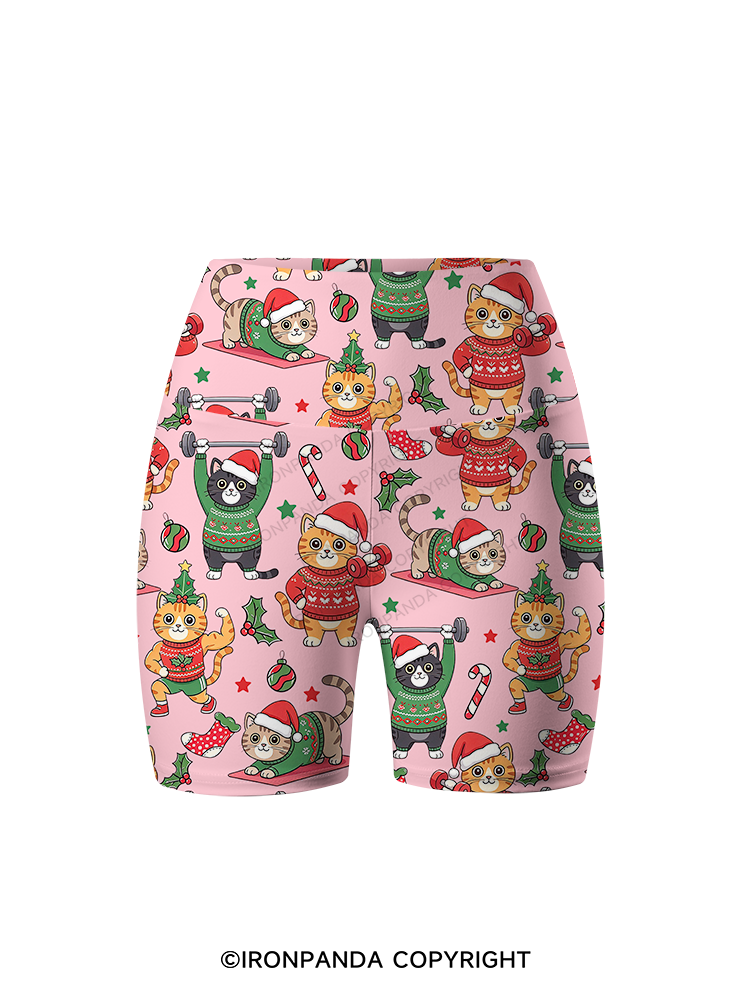 CHRISTMAS FITNESS CATS Printed Yoga Cycling Shorts