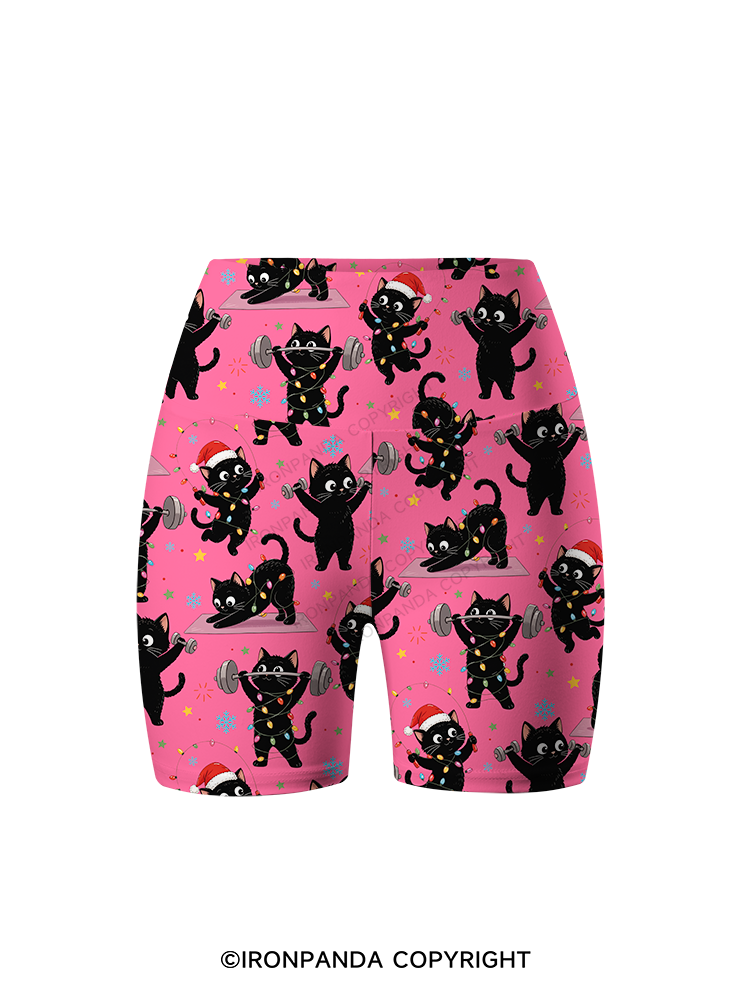 Christmas Fitness Black Cat Printed Yoga Cycling Shorts