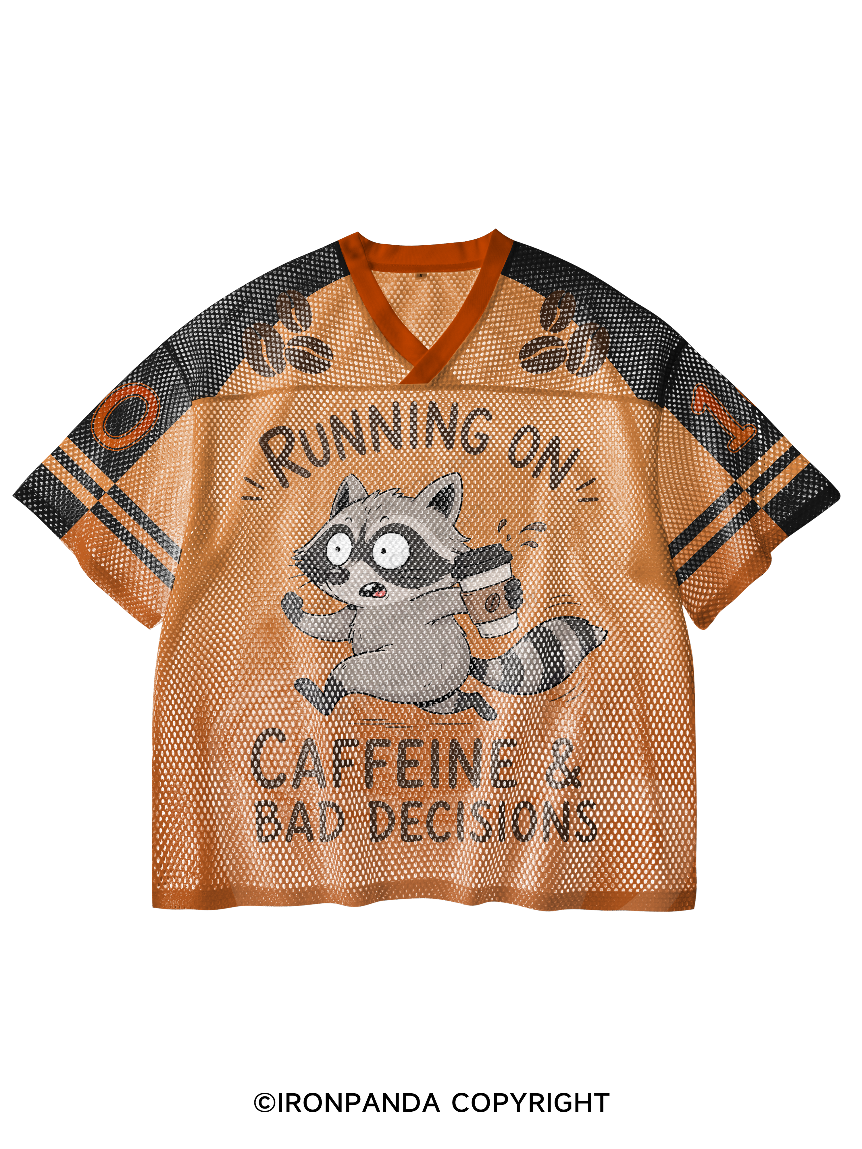 Running On Caffeine And Bad Decisions Funny Raccoon V-Neck Open Hole Mesh Top