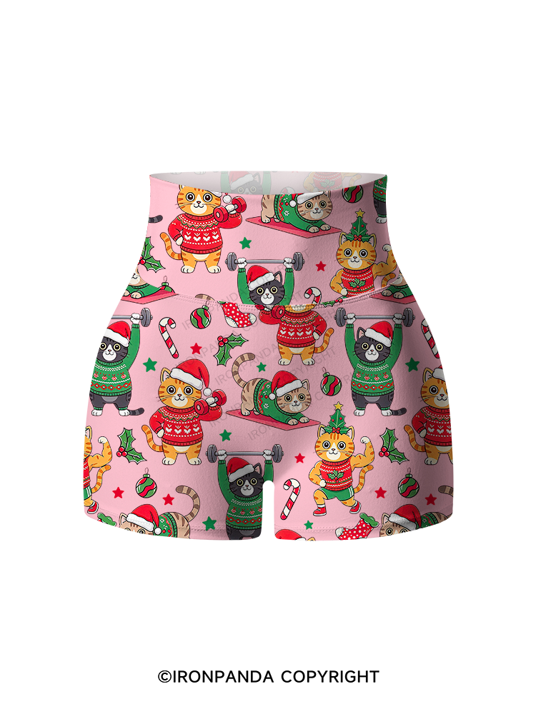 CHRISTMAS FITNESS CATS Printed Yoga Shorts