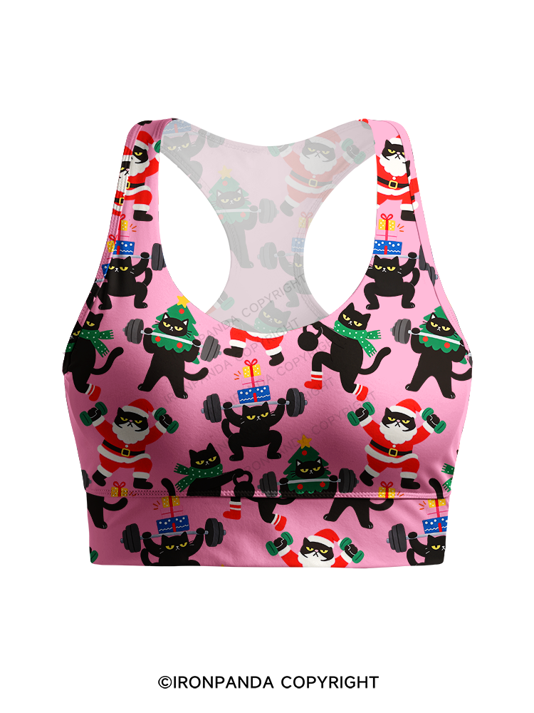WEIGHTLIFTING BLACK CAT CHRISTMAS WORKOUT Racerback Sports Bra