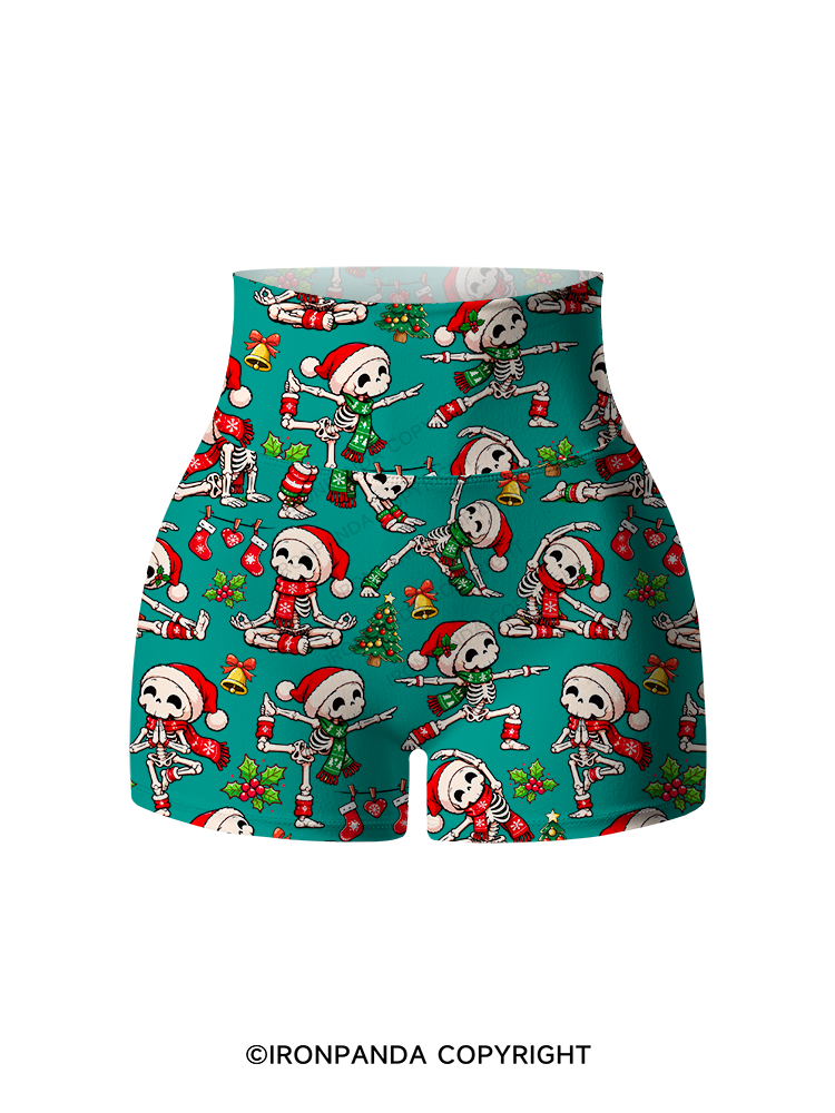 Yoga Skeleton Santa Hat Yogi Printed Yoga Shorts