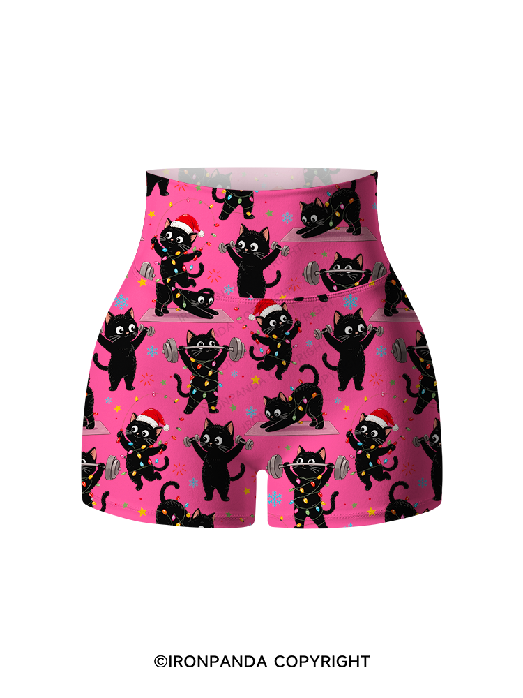 Christmas Fitness Black Cat Printed Yoga Shorts