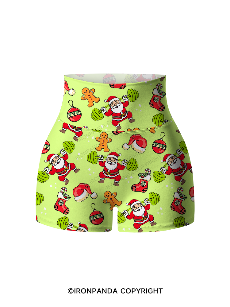 Santa Lifting Weights Skip Legs Printed Yoga Shorts
