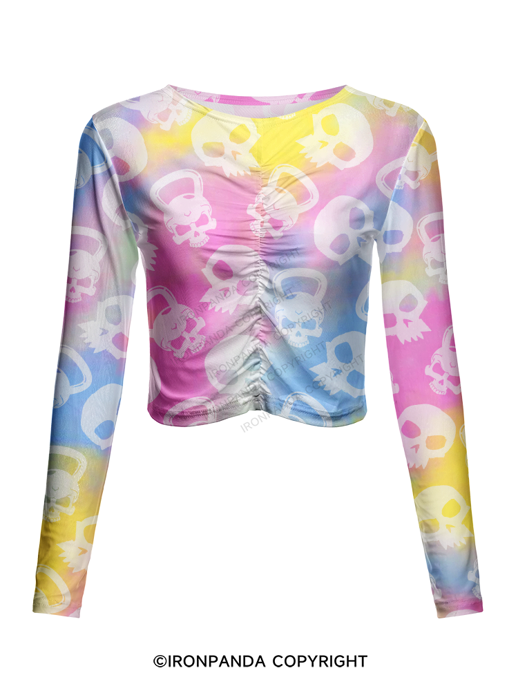 TIE-DYE RAINBOW SKULL KETTLEBELL Mesh Long Sleeve Top
