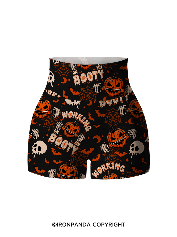 WORKING ON MY BOOTY FUNNY HALLOWEEN PUMPKIN Printed Yoga Shorts
