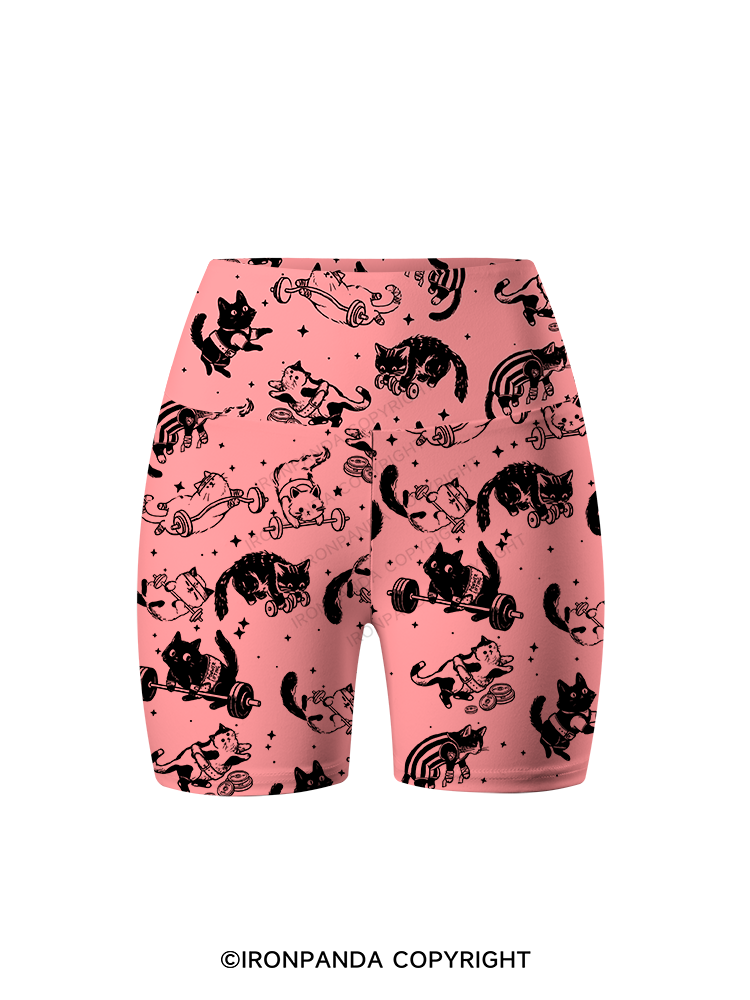 Cute Cat Lifting Club Printed Yoga Cycling Shorts