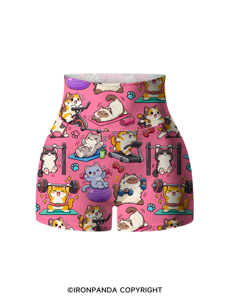Fitness Cats Gym Workout Printed Yoga Shorts