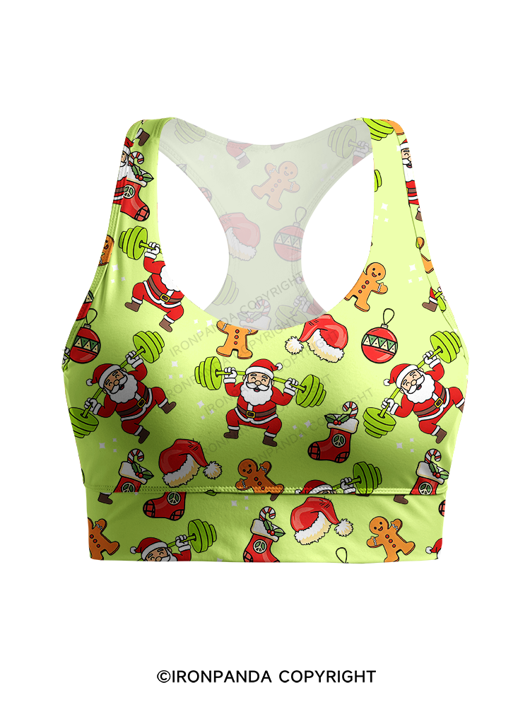 Santa Lifting Weights Skip Legs Racerback Sports Bra