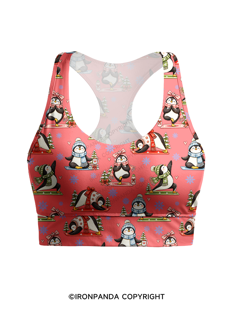 Cute Christmas Yoga Penguin Racerback Sports Bra
