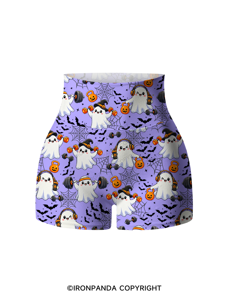GHOST GYM OF PUMPKINS AND BARBELLS Printed Yoga Shorts
