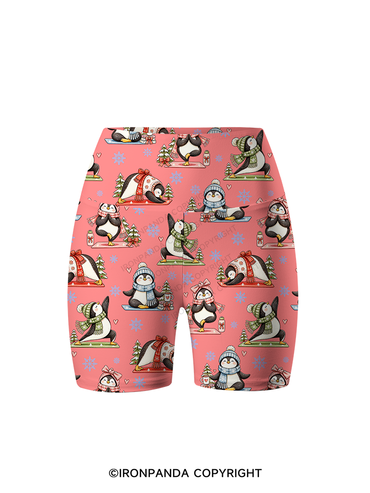 Cute Christmas Yoga Penguin Printed Yoga Cycling Shorts