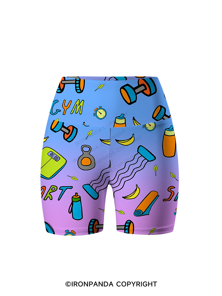 Colorful Gym Icons Printed Yoga Cycling Shorts