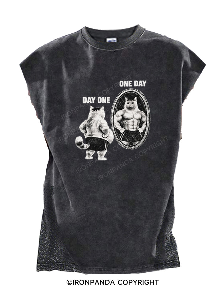 Day One to One Day Funny Cat Cut Off Tank