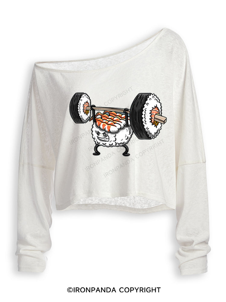 Weightlifting Sushi Funny Off Shoulder Long Sleeve Crop Top