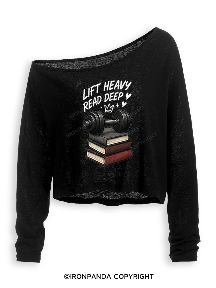 LIFT HEAVY READ DEEP Off Shoulder Long Sleeve Crop Top