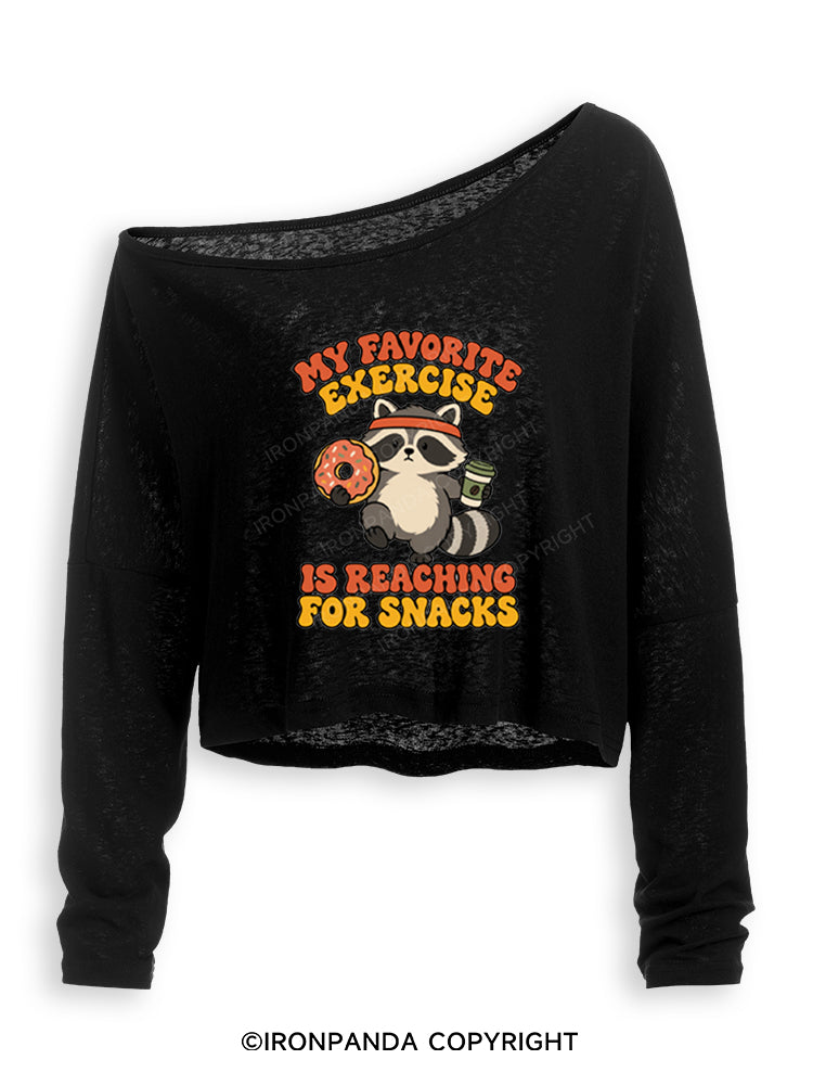 My Favorite Exercise Is Reaching for Snacks Funny Raccoon Off Shoulder Long Sleeve Crop Top