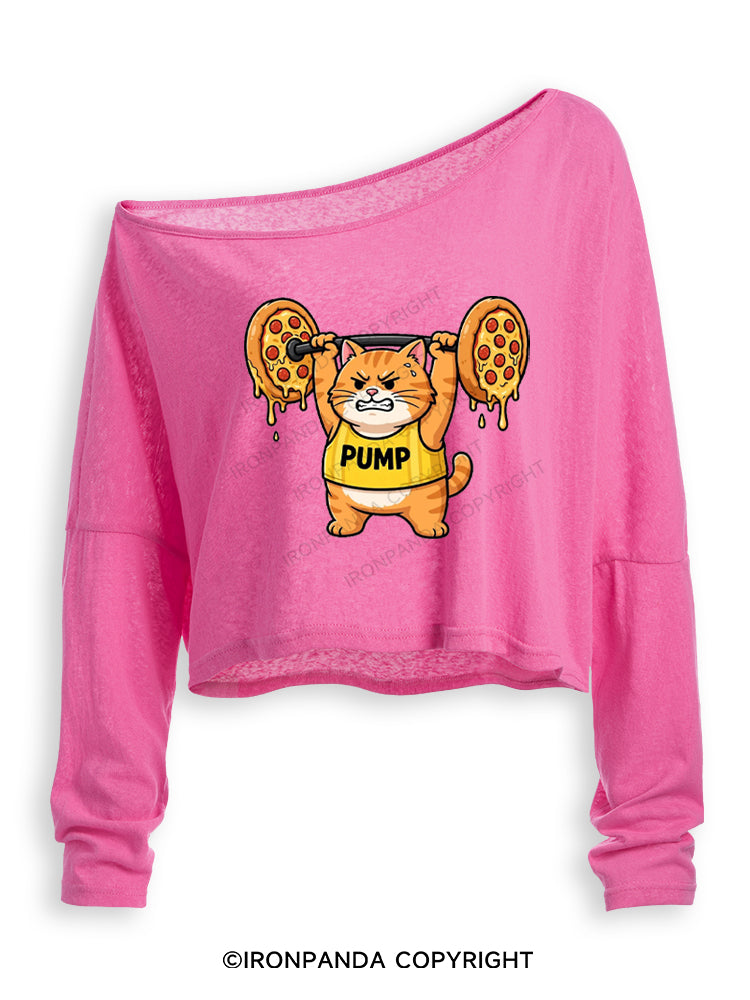 PUMP CAT LIFTING PEPPERONI PIZZA Off Shoulder Long Sleeve Crop Top