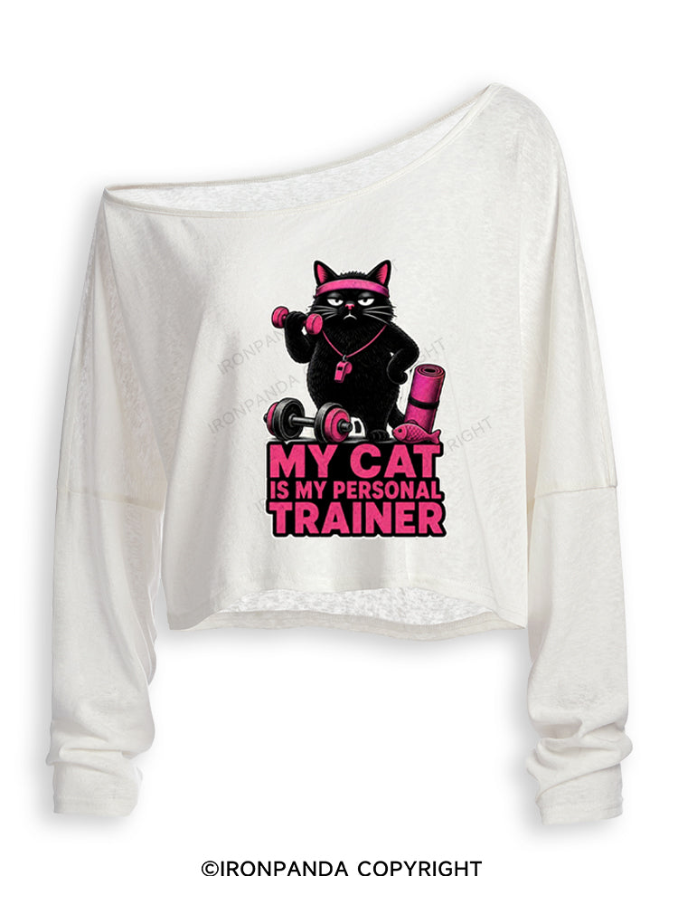 My Cat Is My Personal Trainer Off Shoulder Long Sleeve Crop Top