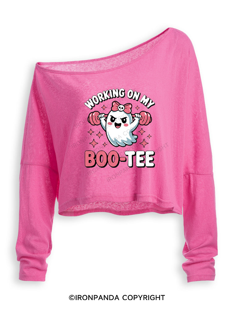 WORKING ON MY BOO-TEE CUTE GHOST Off Shoulder Long Sleeve Crop Top