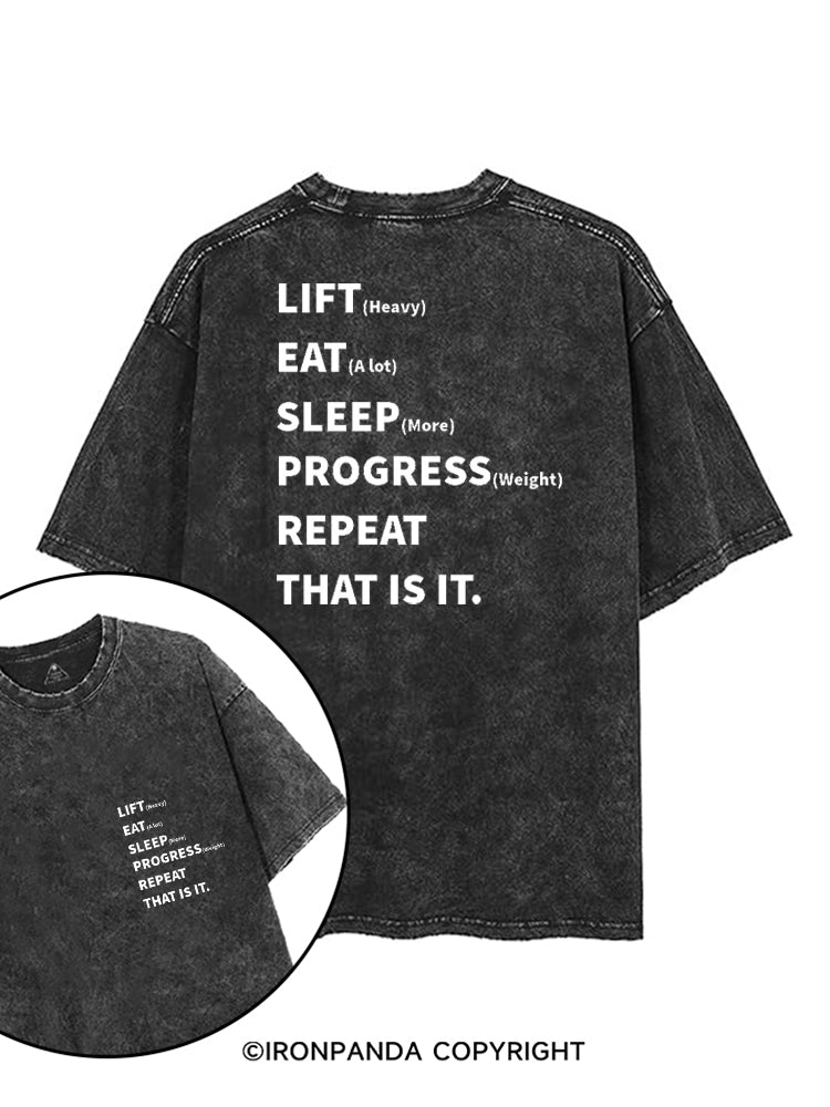 LIFT (HEAVY) EAT (A LOT) SLEEP (MORE) PROGRESS (WEIGHT) REPEAT THAT IS IT printed Gym Shirt