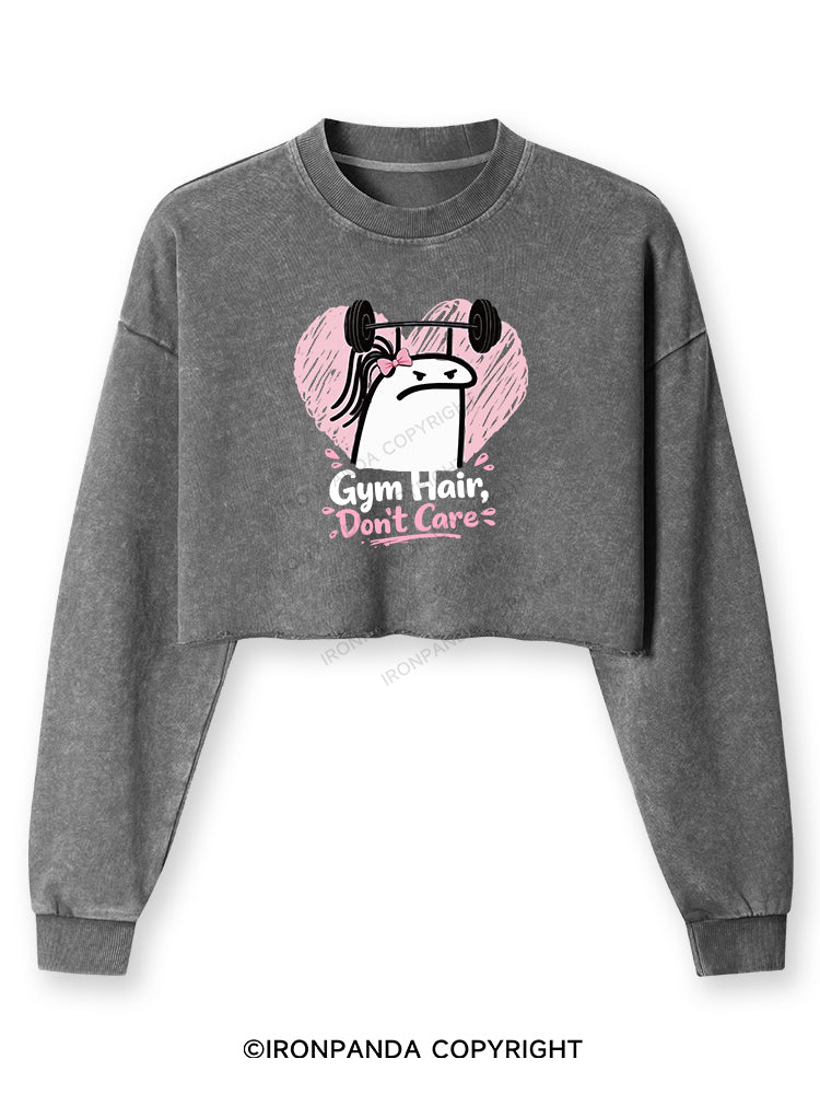 Gym Hair Don't Care Funny Gym Washed Long-Sleeve Crop Top