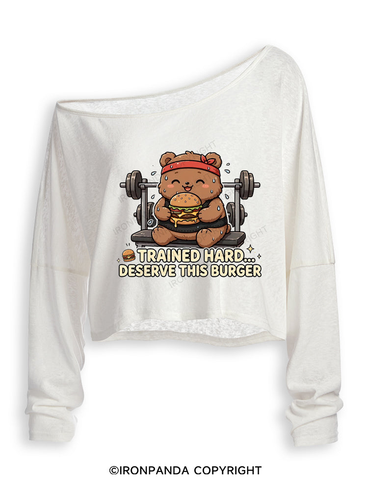 Trained Hard Deserve This Burger Off Shoulder Long Sleeve Crop Top